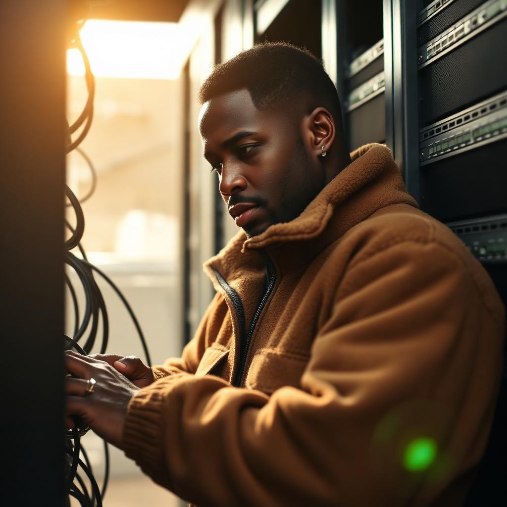 A technician working on network equipment